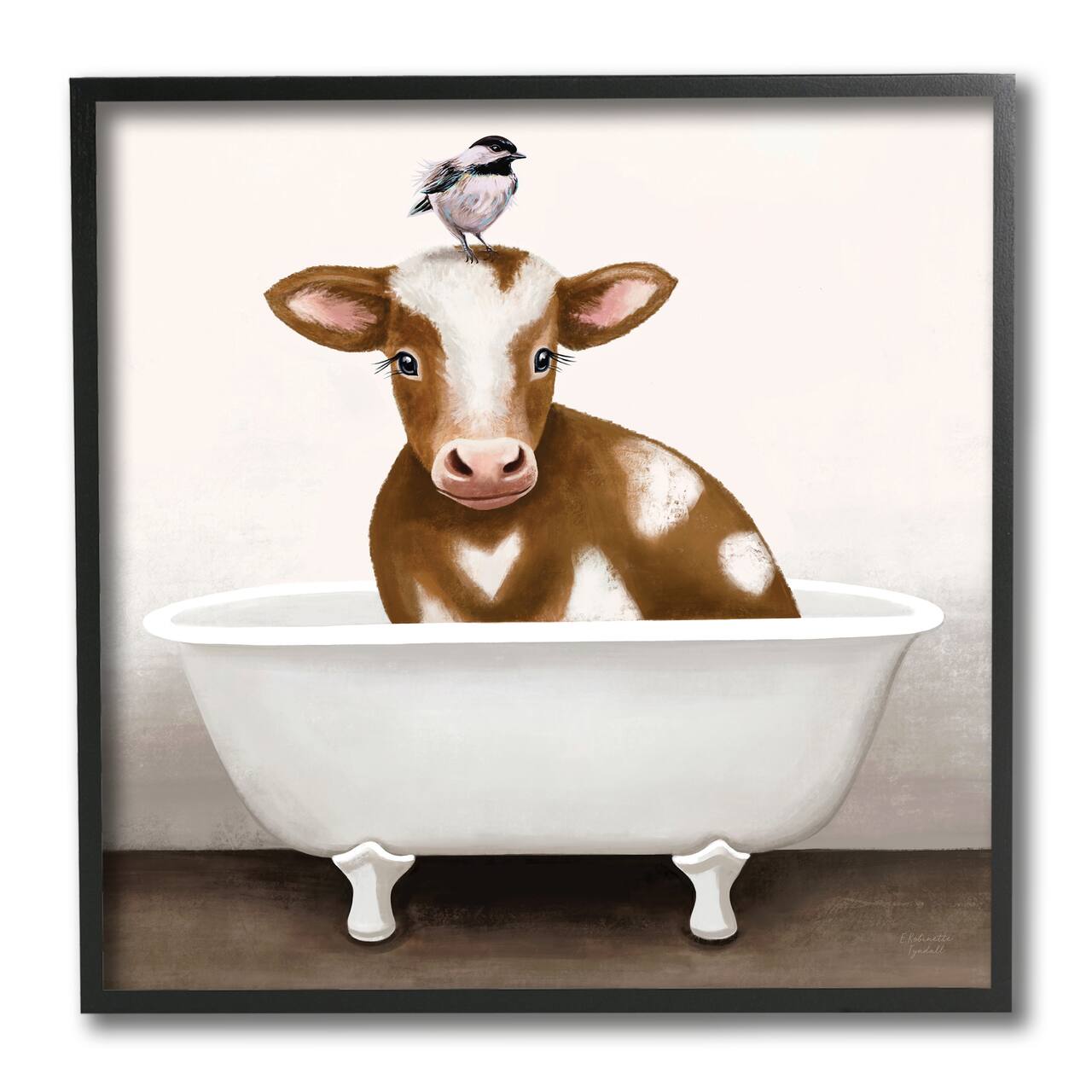 Stupell Industries Cow in Bathtub with Perched Bird Animals,12" x 12"